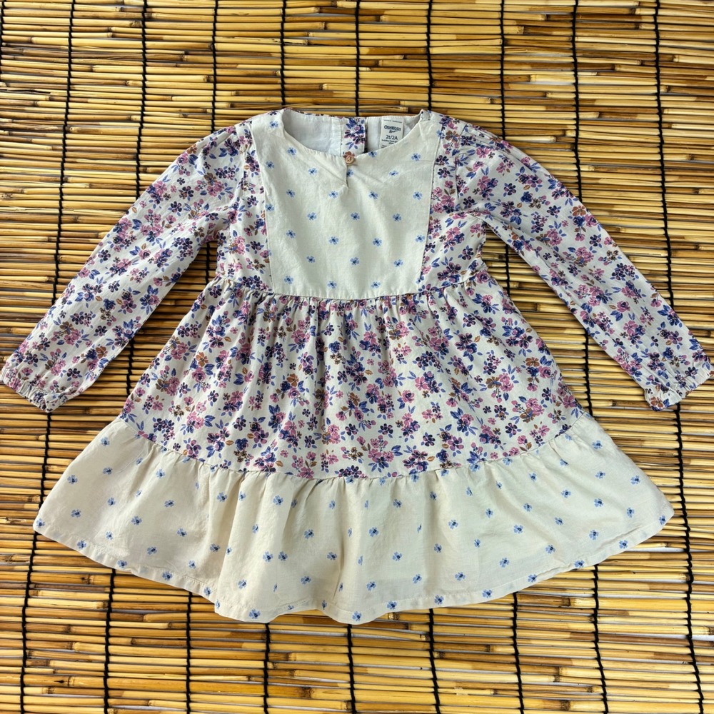 OshKosh‎ Bgosh Girls 2T Floral Tiered Long Sleeve Cotton Dress Purple Cream